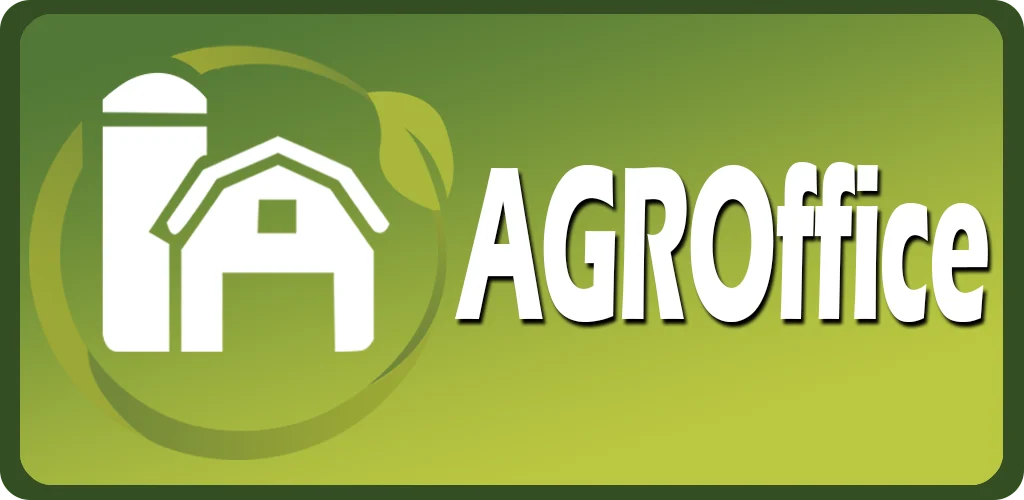 Identidade do AGROffice: celeiro e silo em branco sobre um círculo verde, ao lado do nome do aplicativo.