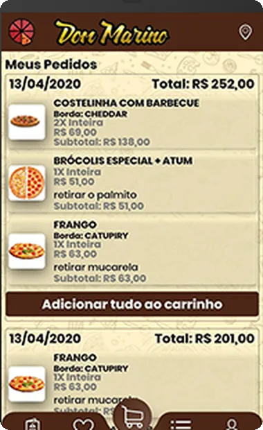 Tela do app Dom Marino mostrando a lista Meus Pedidos com itens do cardápio e o total do pedido.