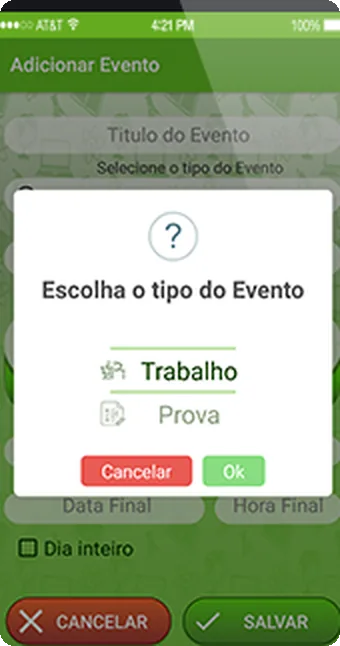 Tela do app IF Connected com o cadastro de um evento acadêmico e a escolha entre trabalho e prova.