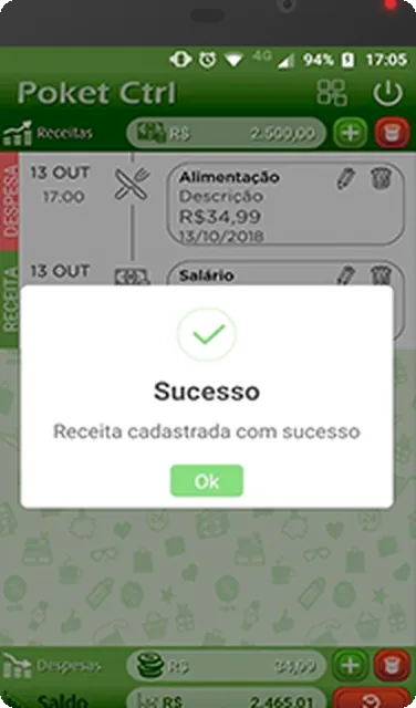 Tela do app Pocket Ctrl com o lançamento de receitas e despesas do mês e a confirmação de cadastro.