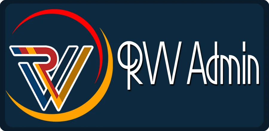 Identidade do RVV Admin: monograma RVV em azul, vermelho e amarelo ao lado do nome do aplicativo.
